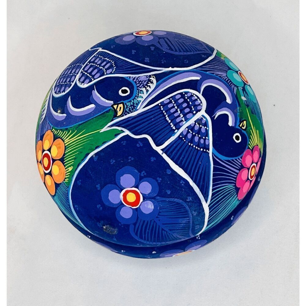 Mexican Trinket Box Vibrant Blue Round Bird Flowers
